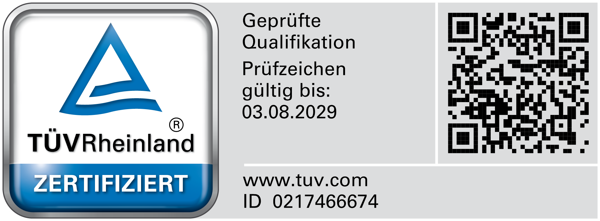 TÜV Rheinland Prüfzeichen für die geprüfte Qualifikation von Josef Pauderer, gültig bis 03.08.2029, ID 0217466674